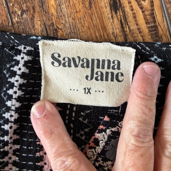 Savanna Jane Embroidered Boho Tunic Top Black Floral Stripes Bell Sleeve Sz 1X - Picture 7 of 11